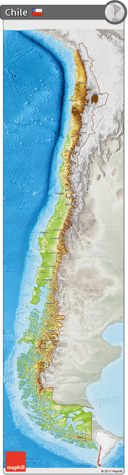 Physical 3D Map of Chile, lighten, semi-desaturated, land only