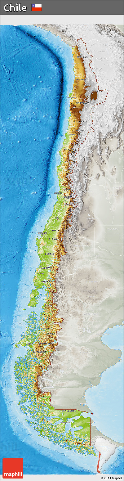 Physical 3D Map of Chile, lighten, semi-desaturated, land only