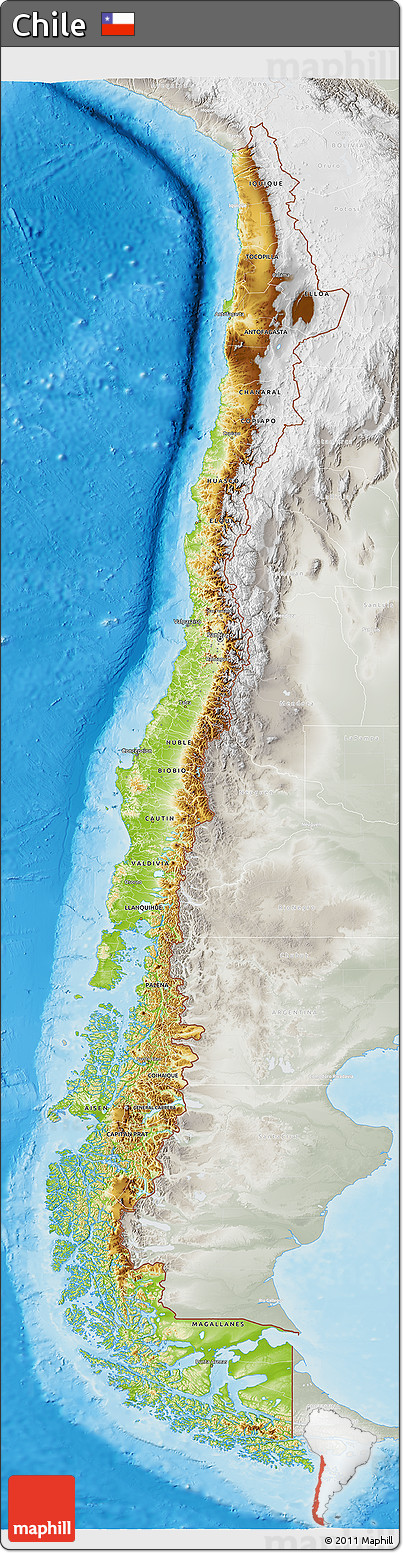 Physical 3D Map of Chile, lighten, semi-desaturated, land only