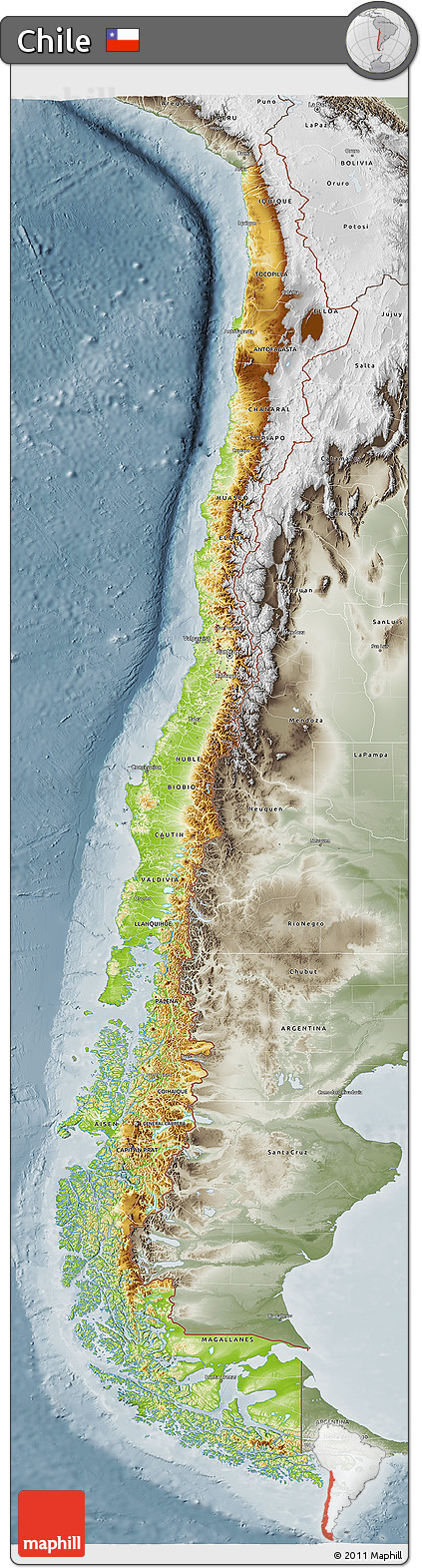 Physical 3D Map of Chile, semi-desaturated