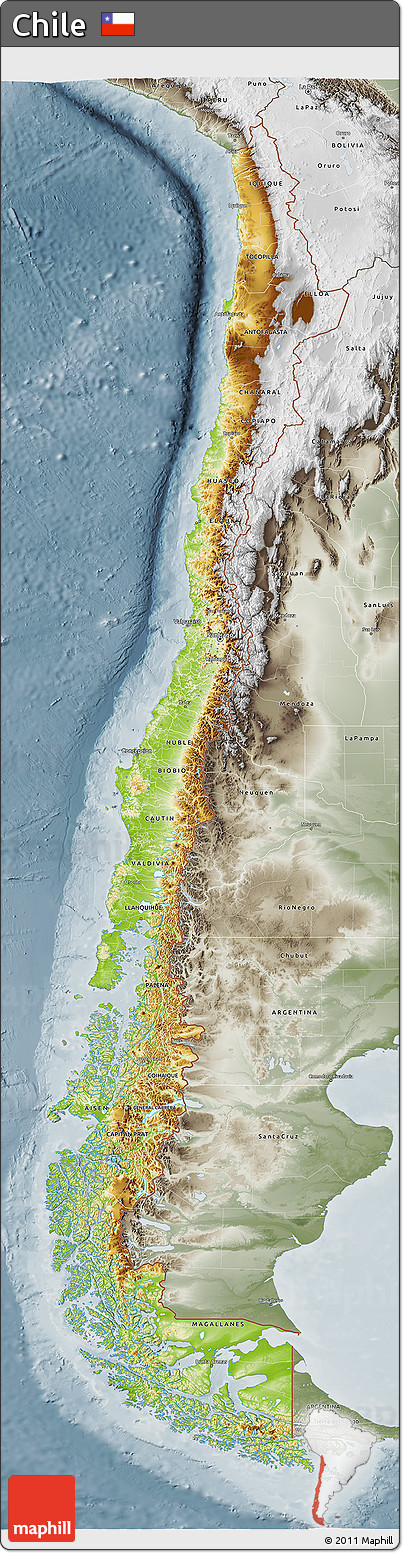 Physical 3D Map of Chile, semi-desaturated