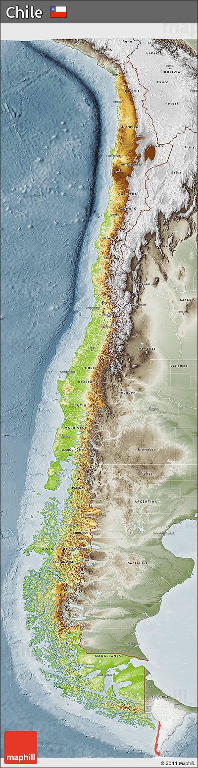 Physical 3D Map of Chile, semi-desaturated