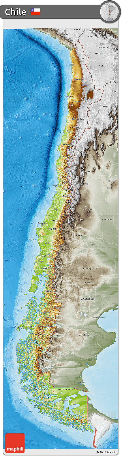 Physical 3D Map of Chile, semi-desaturated, land only
