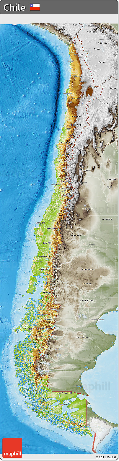 Physical 3D Map of Chile, semi-desaturated, land only