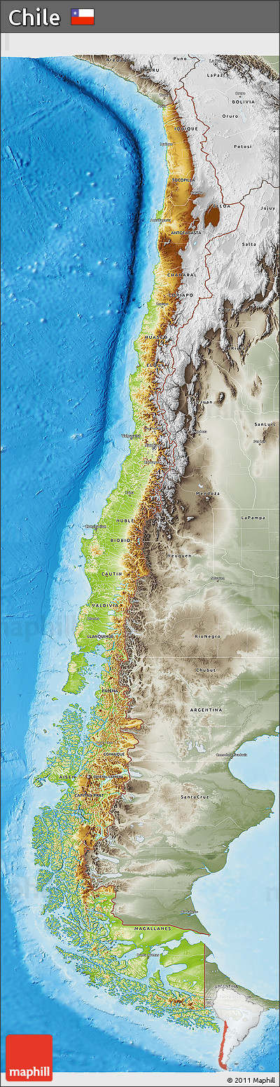 Physical 3D Map of Chile, semi-desaturated, land only