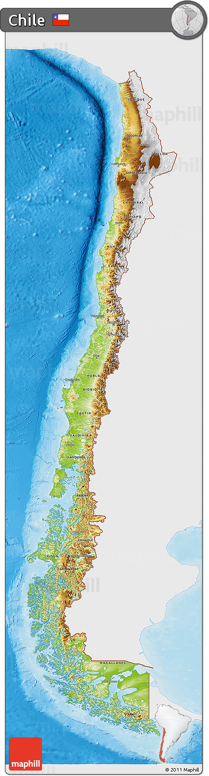 Physical 3D Map of Chile, single color outside
