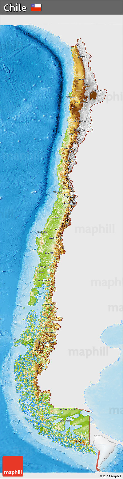 Physical 3D Map of Chile, single color outside