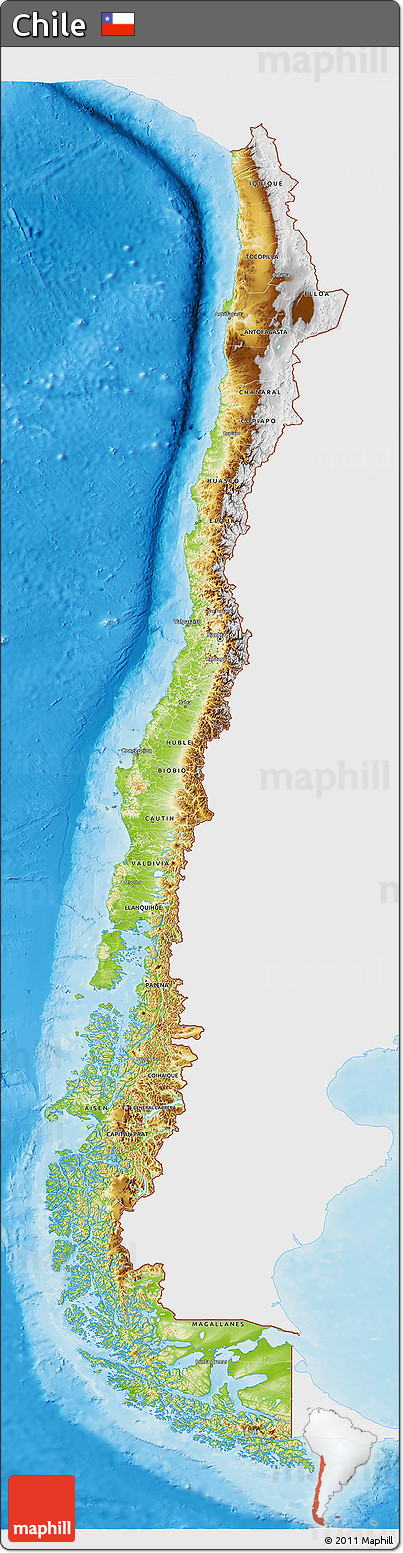 Physical 3D Map of Chile, single color outside