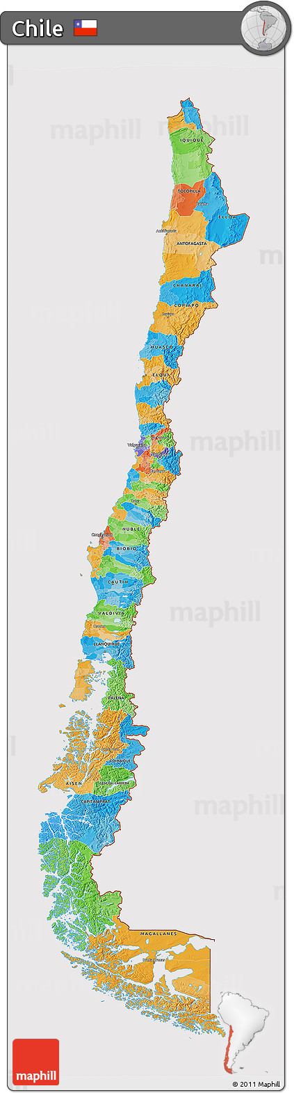Political 3D Map of Chile, cropped outside