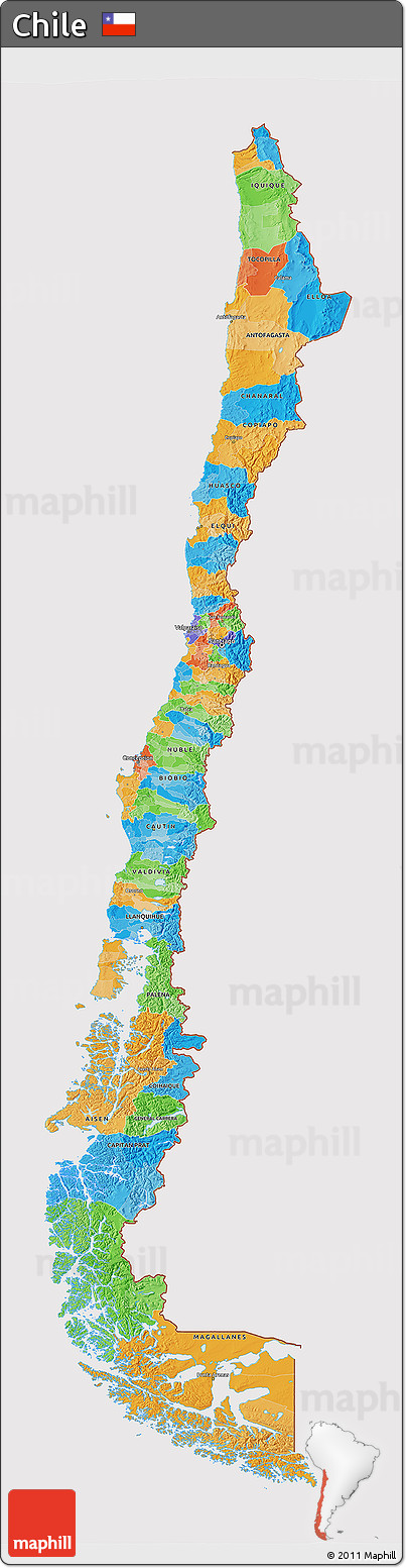 Political 3D Map of Chile, cropped outside