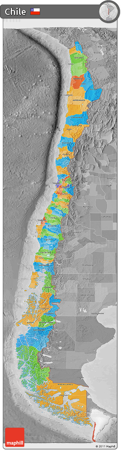 Political 3D Map of Chile, desaturated