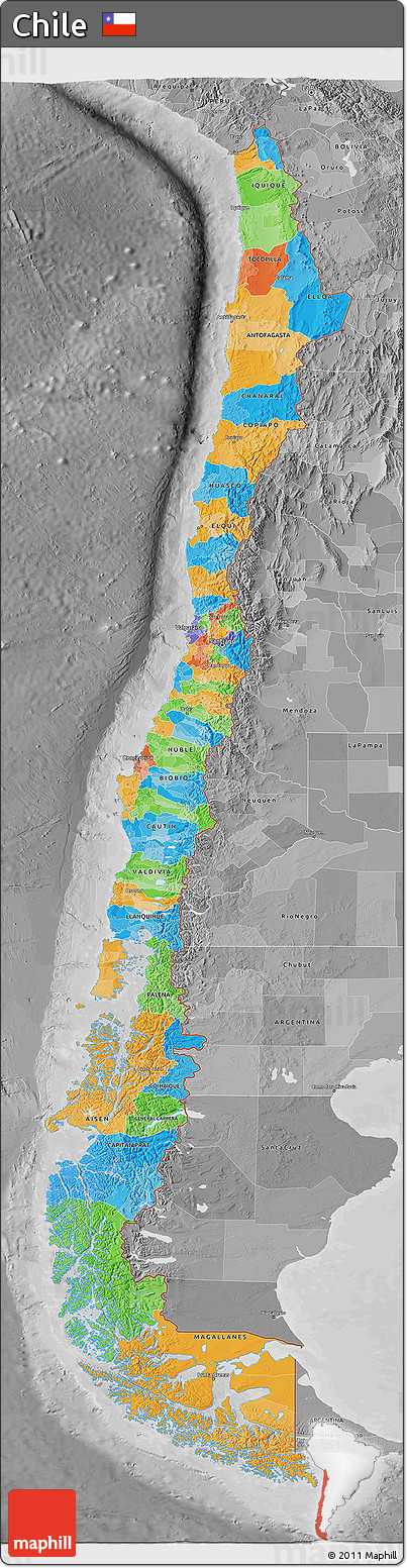 Political 3D Map of Chile, desaturated