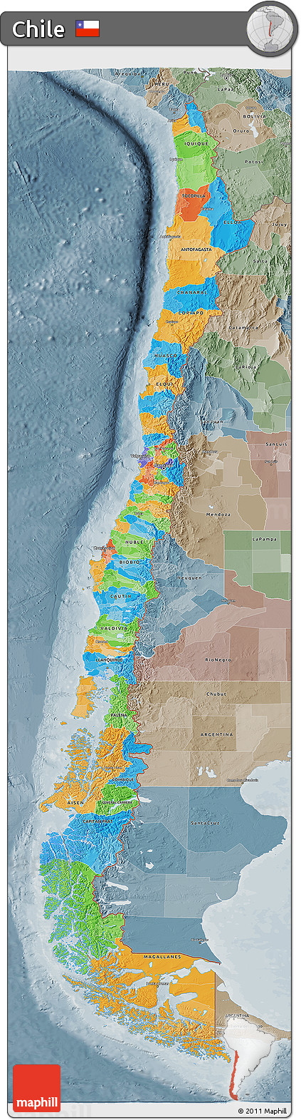 Political 3D Map of Chile, semi-desaturated