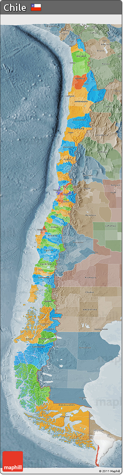 Political 3D Map of Chile, semi-desaturated