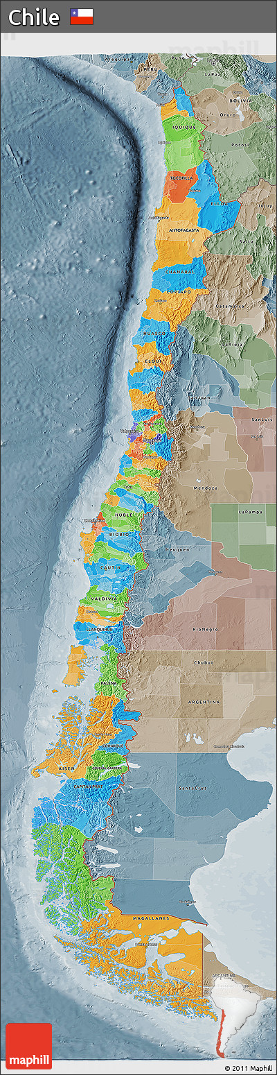 Political 3D Map of Chile, semi-desaturated