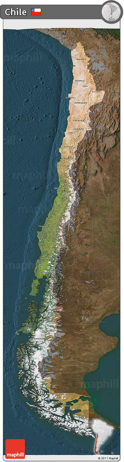 Satellite 3D Map of Chile, darken