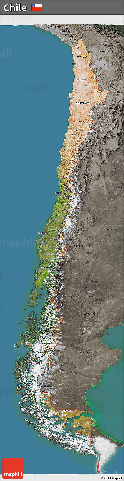 Satellite 3D Map of Chile, darken, semi-desaturated, land only
