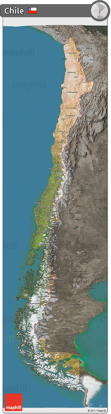 Satellite 3D Map of Chile, darken, semi-desaturated, land only