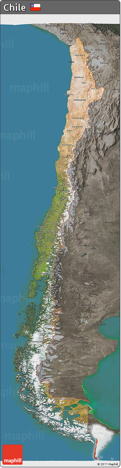 Satellite 3D Map of Chile, darken, semi-desaturated, land only