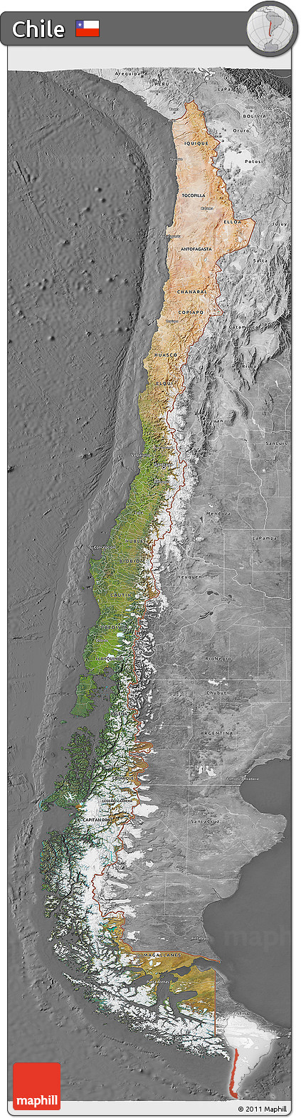 Satellite 3D Map of Chile, desaturated