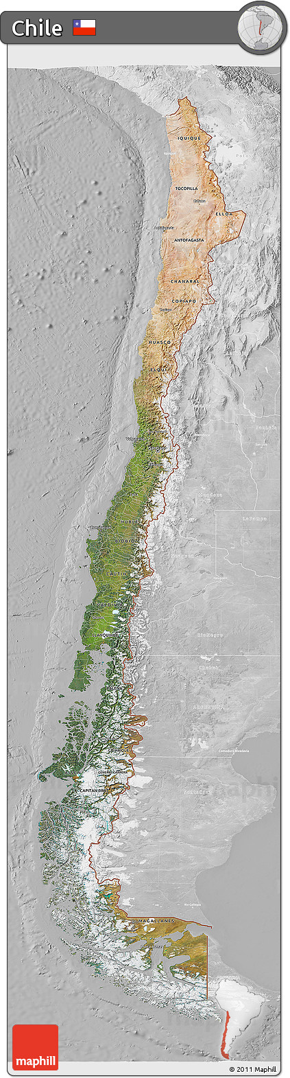 Satellite 3D Map of Chile, lighten, desaturated