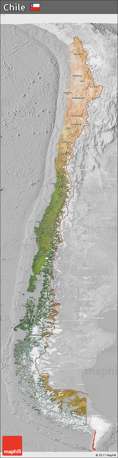 Satellite 3D Map of Chile, lighten, desaturated