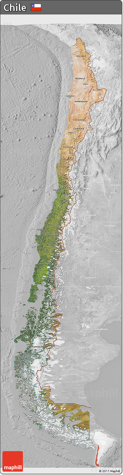 Satellite 3D Map of Chile, lighten, desaturated