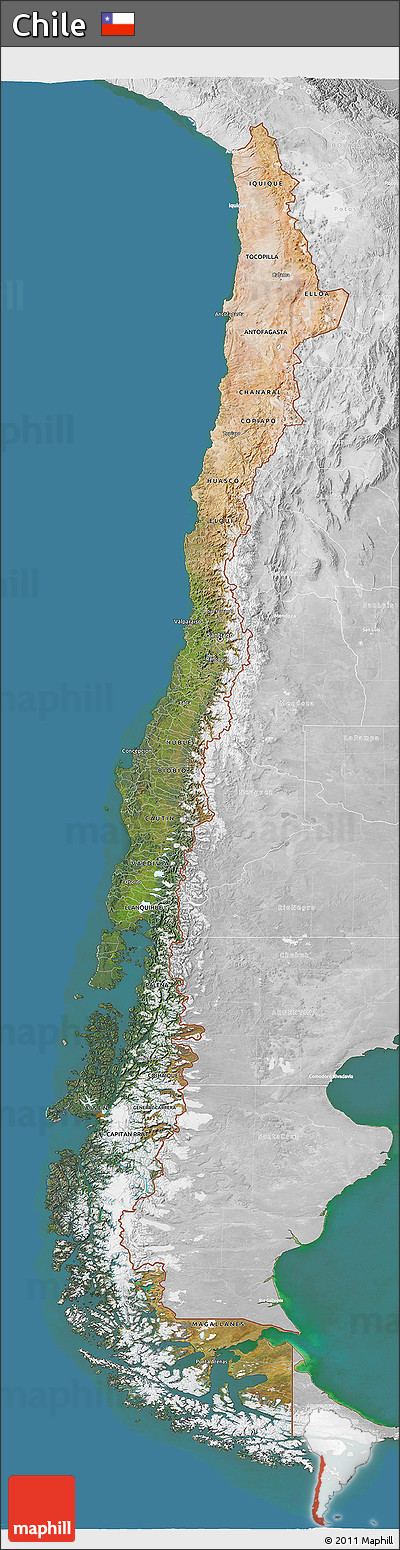 Satellite 3D Map of Chile, lighten, desaturated, land only