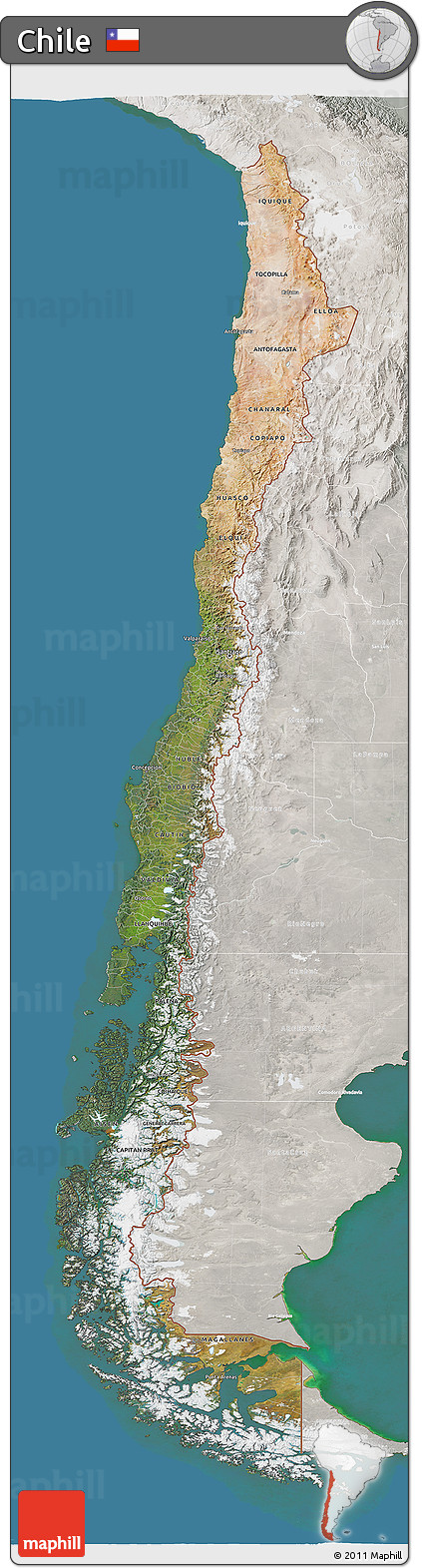 Satellite 3D Map of Chile, lighten, semi-desaturated, land only