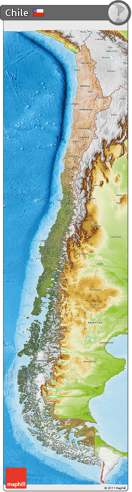 Satellite 3D Map of Chile, physical outside