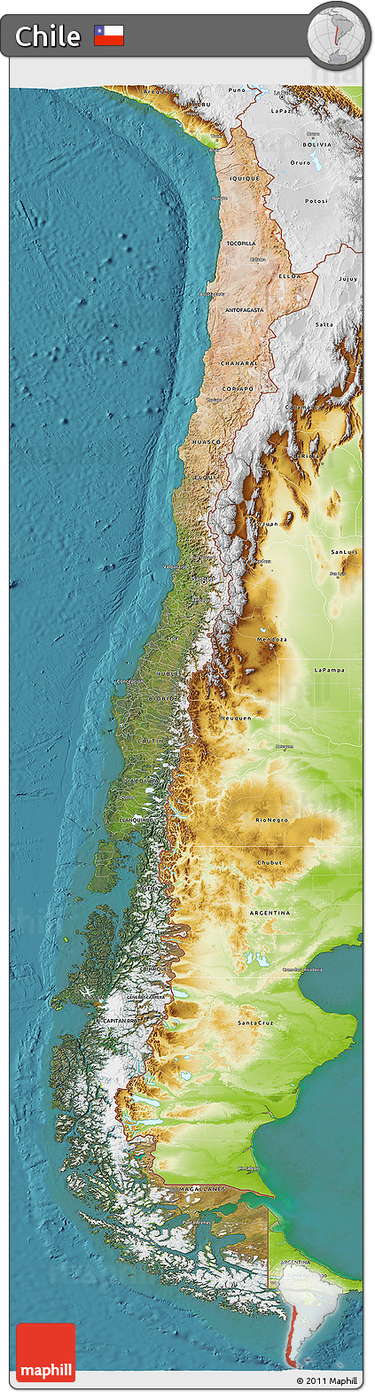 Satellite 3D Map of Chile, physical outside, satellite sea