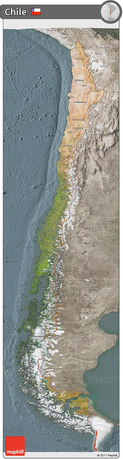 Satellite 3D Map of Chile, semi-desaturated
