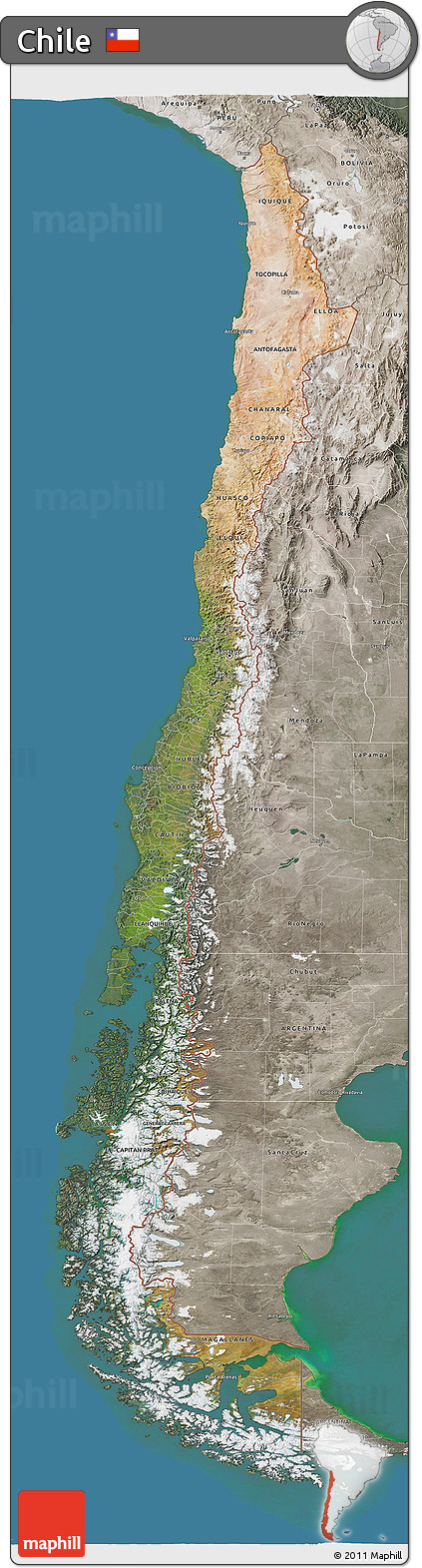 Satellite 3D Map of Chile, semi-desaturated, land only