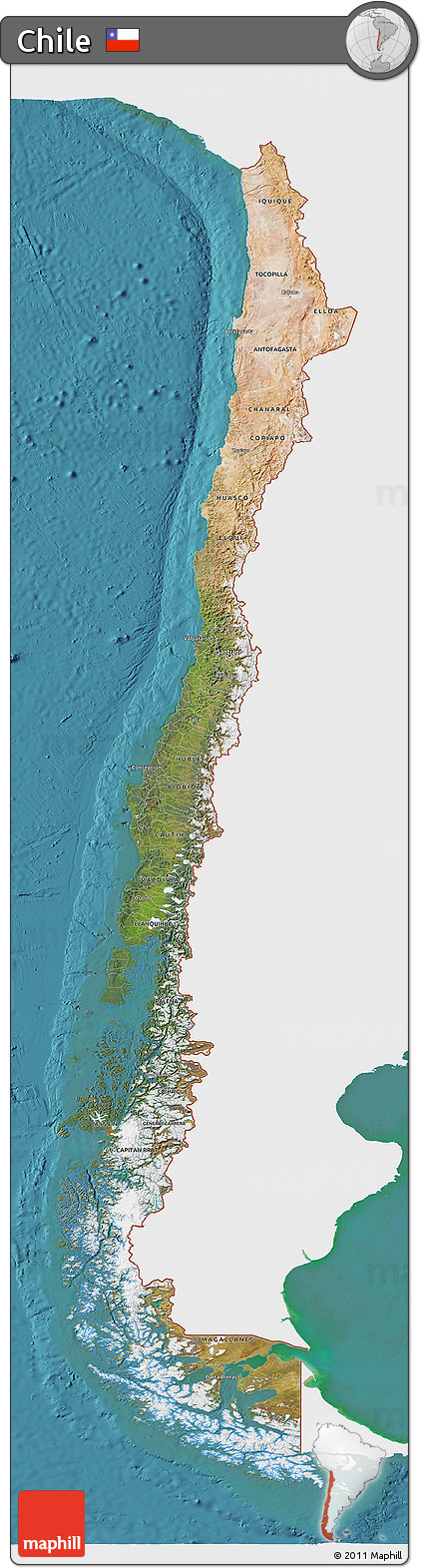Satellite 3D Map of Chile, single color outside