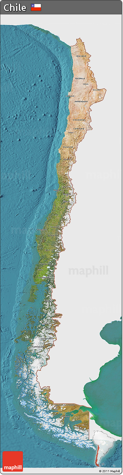 Satellite 3D Map of Chile, single color outside