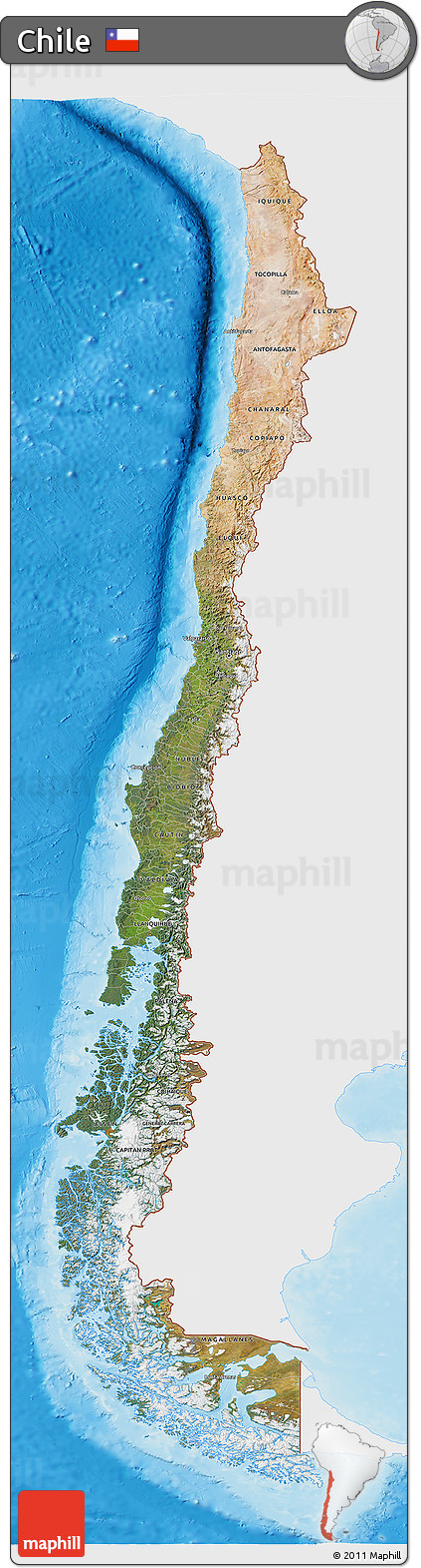 Satellite 3D Map of Chile, single color outside, shaded relief sea