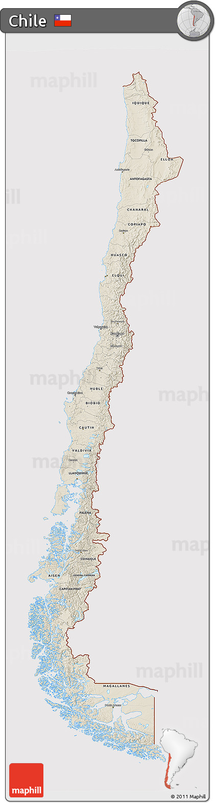 Shaded Relief 3D Map of Chile, cropped outside