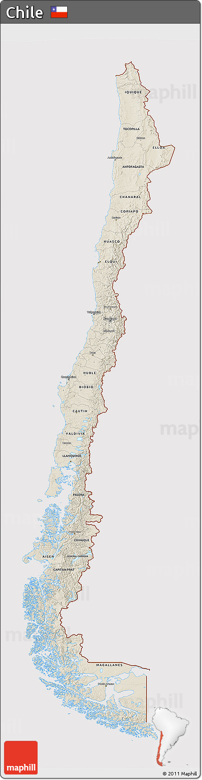 Shaded Relief 3D Map of Chile, cropped outside