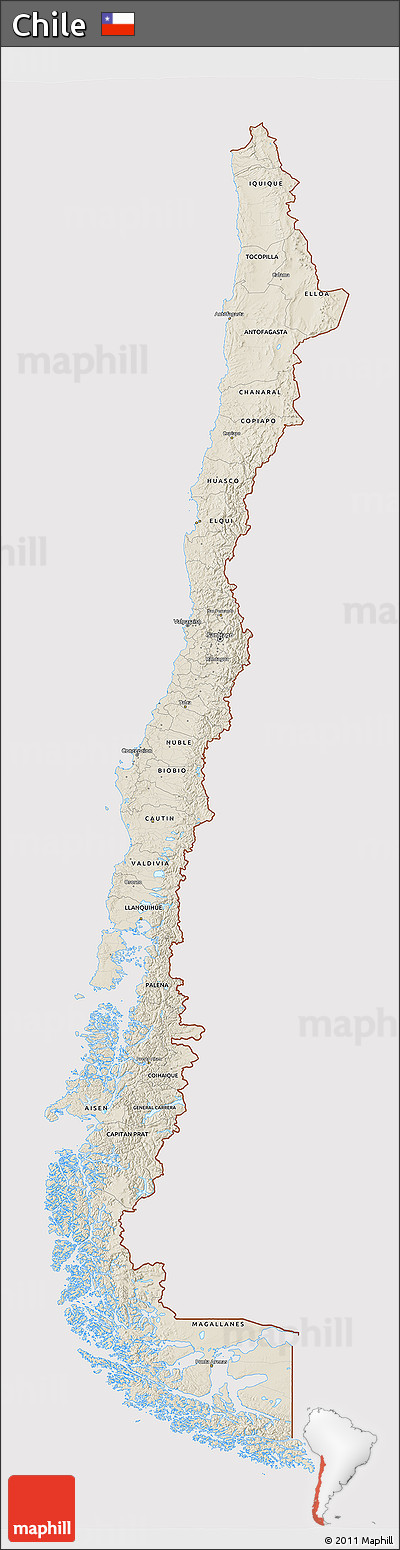 Shaded Relief 3D Map of Chile, cropped outside