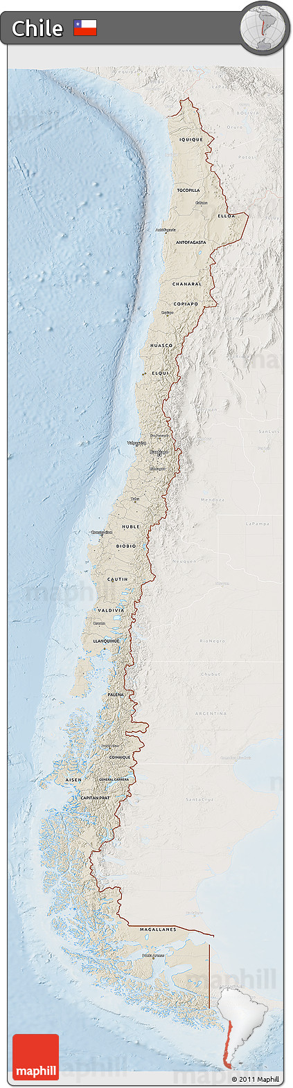 Shaded Relief 3D Map of Chile, lighten