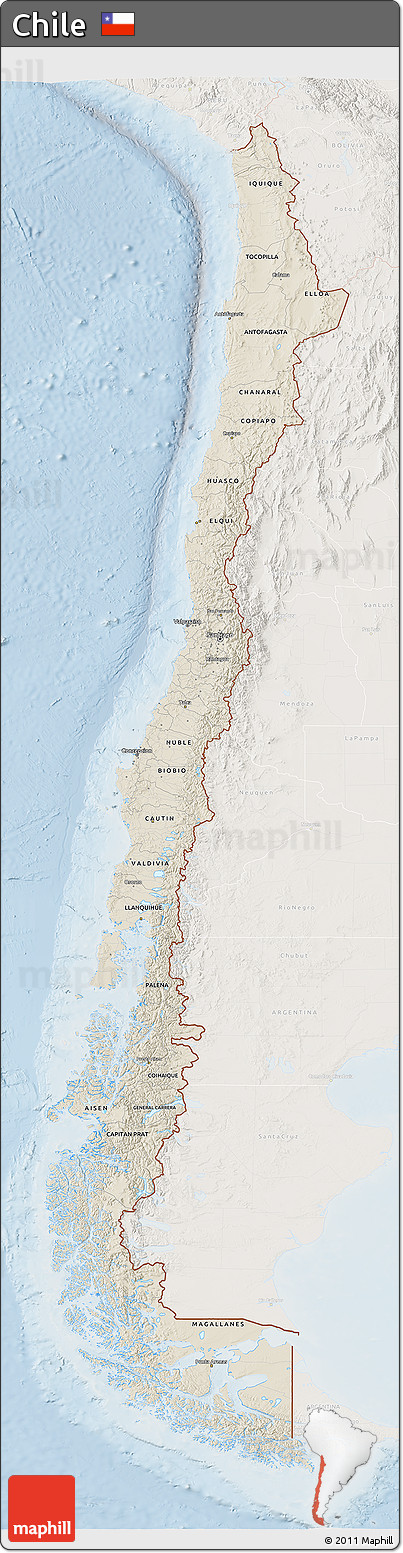 Shaded Relief 3D Map of Chile, lighten