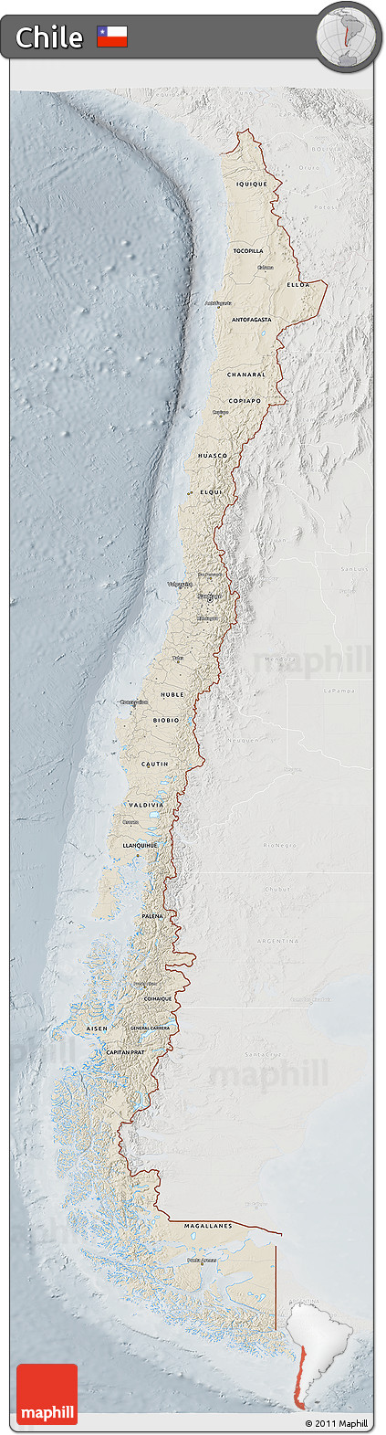 Shaded Relief 3D Map of Chile, lighten, semi-desaturated