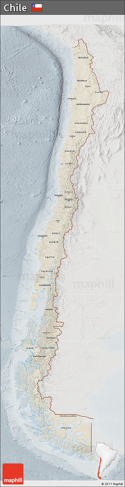 Shaded Relief 3D Map of Chile, lighten, semi-desaturated