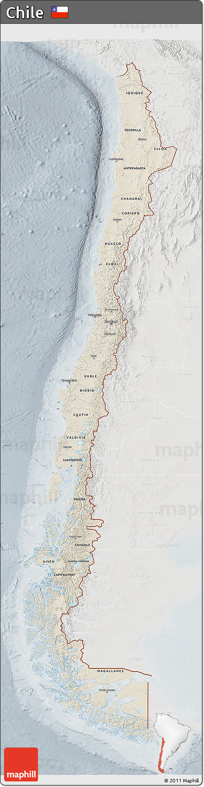 Shaded Relief 3D Map of Chile, lighten, semi-desaturated