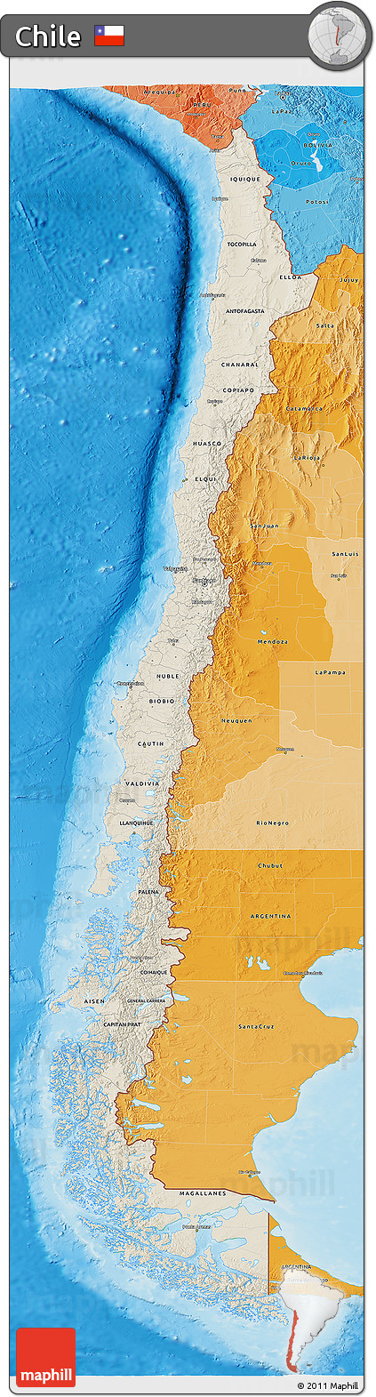 Shaded Relief 3D Map of Chile, political shades outside, shaded relief sea