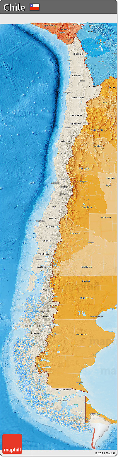 Shaded Relief 3D Map of Chile, political shades outside, shaded relief sea