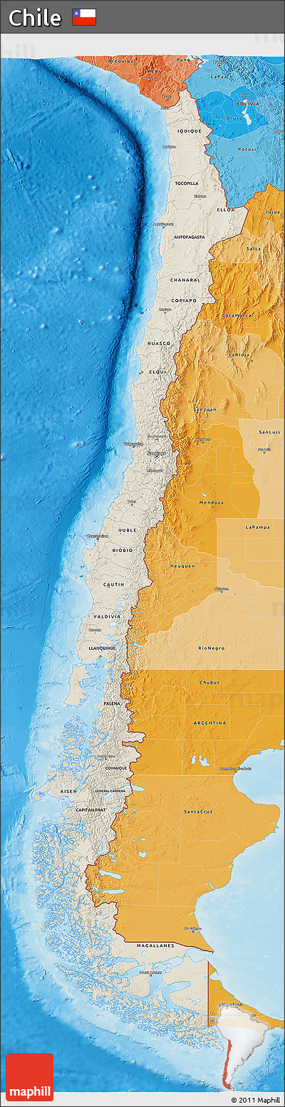 Shaded Relief 3D Map of Chile, political shades outside, shaded relief sea