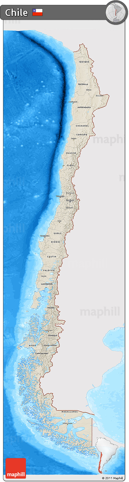 Shaded Relief 3D Map of Chile, single color outside, bathymetry sea