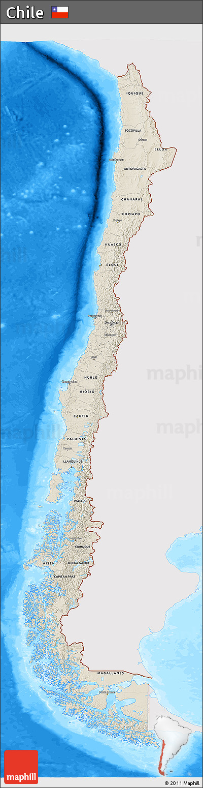 Shaded Relief 3D Map of Chile, single color outside, bathymetry sea
