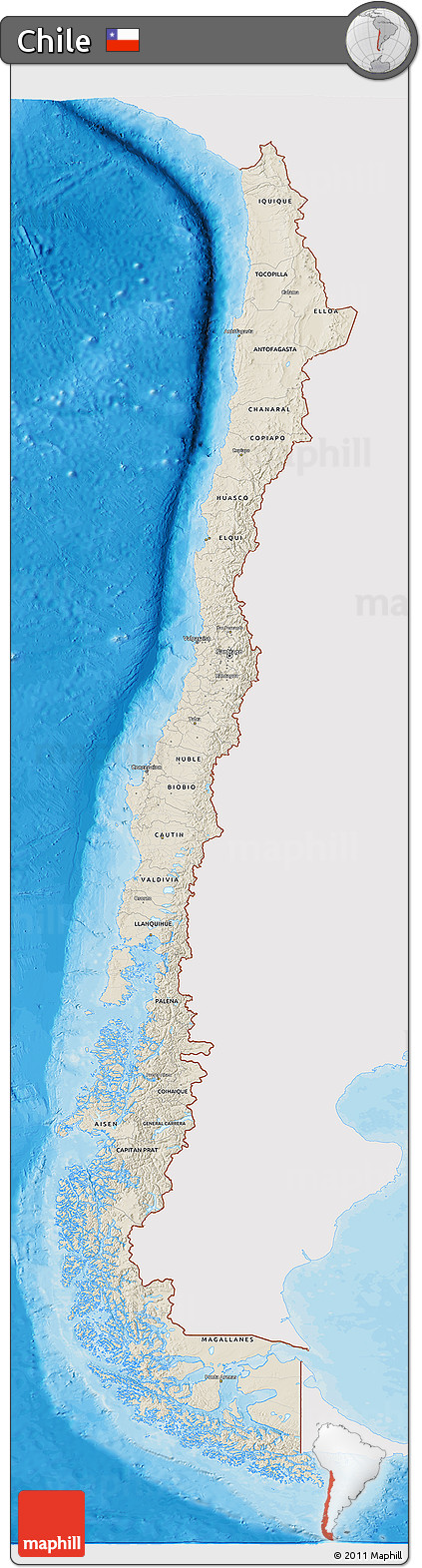 Shaded Relief 3D Map of Chile, single color outside, bathymetry sea, shaded relief sea